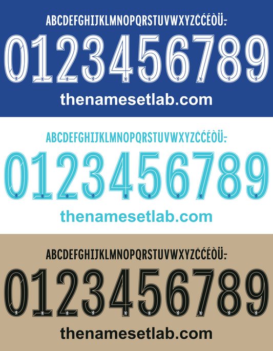 Three color samples of text with numbers and a website URL on a white background. Chelsea 2022-2023 UCL Cup nameset font vector design
