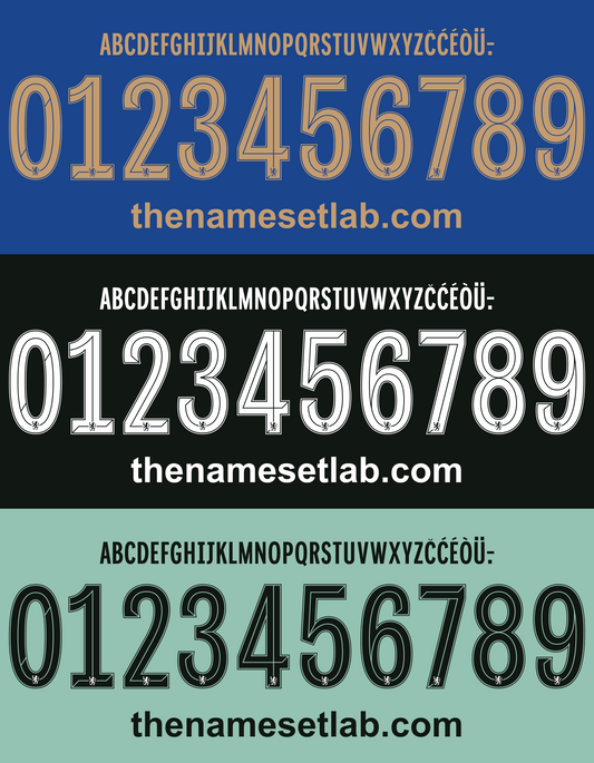 Set of stylized numbers and letters with 'thenamesetlab.com' branding on a blue, black, and green gradient background. Chelsea 2023-2024 UCL Cup nameset Classic Premier font vector design
