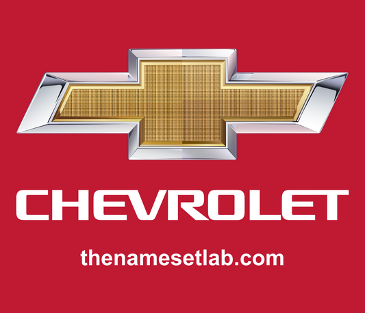Chevrolet logo on a red background with 'thenamesetlab.com' text.