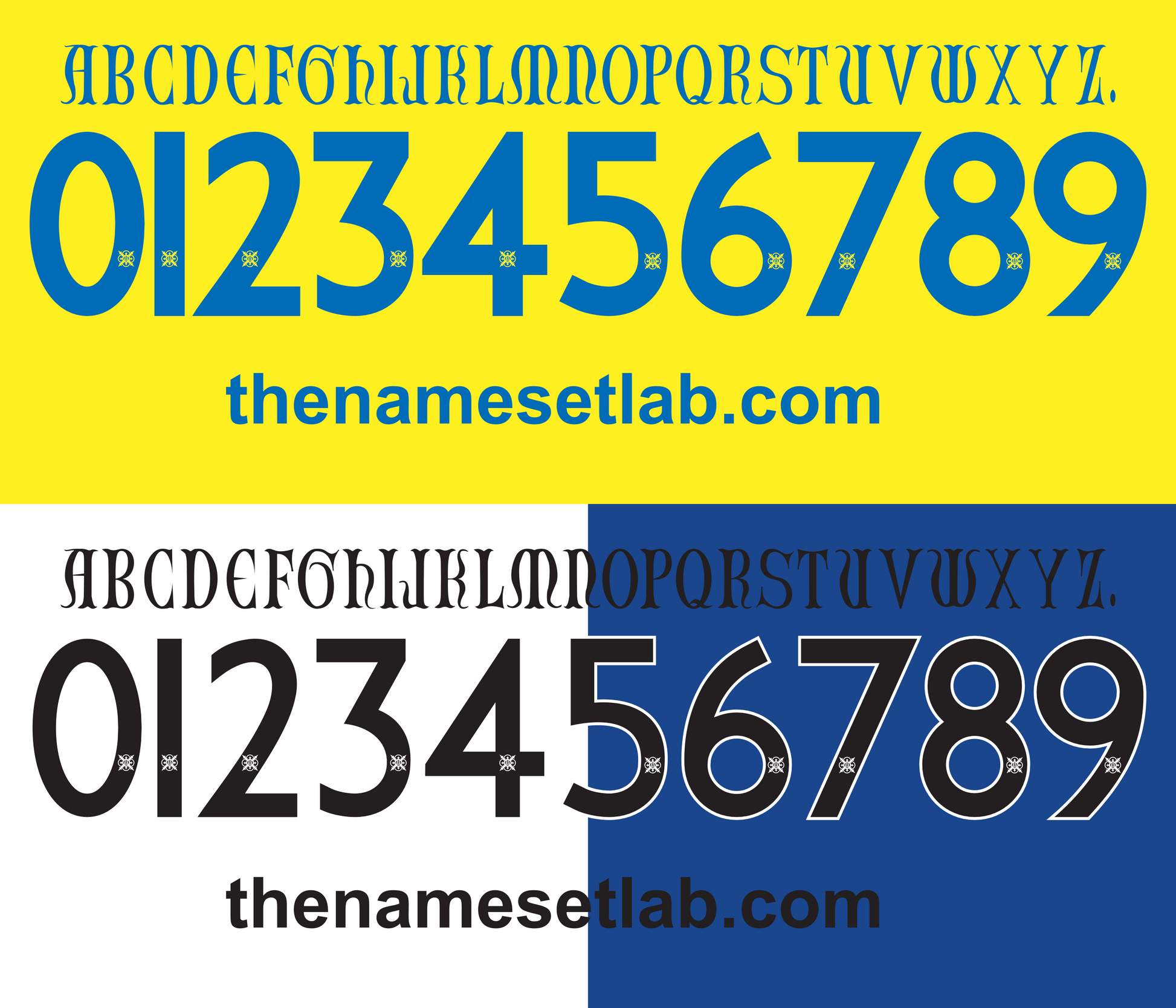 Set of Chievo 2015-2016 Nameset letters and numbers on a yellow, white, and blue background with 'thenamesetlab.com' branding.