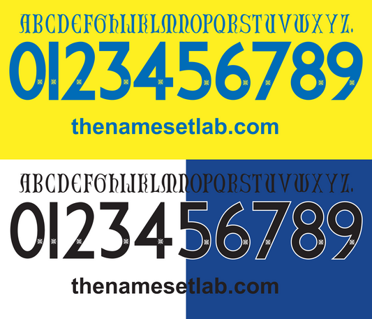 Set of Chievo 2015-2016 Nameset letters and numbers on a yellow, white, and blue background with 'thenamesetlab.com' branding.