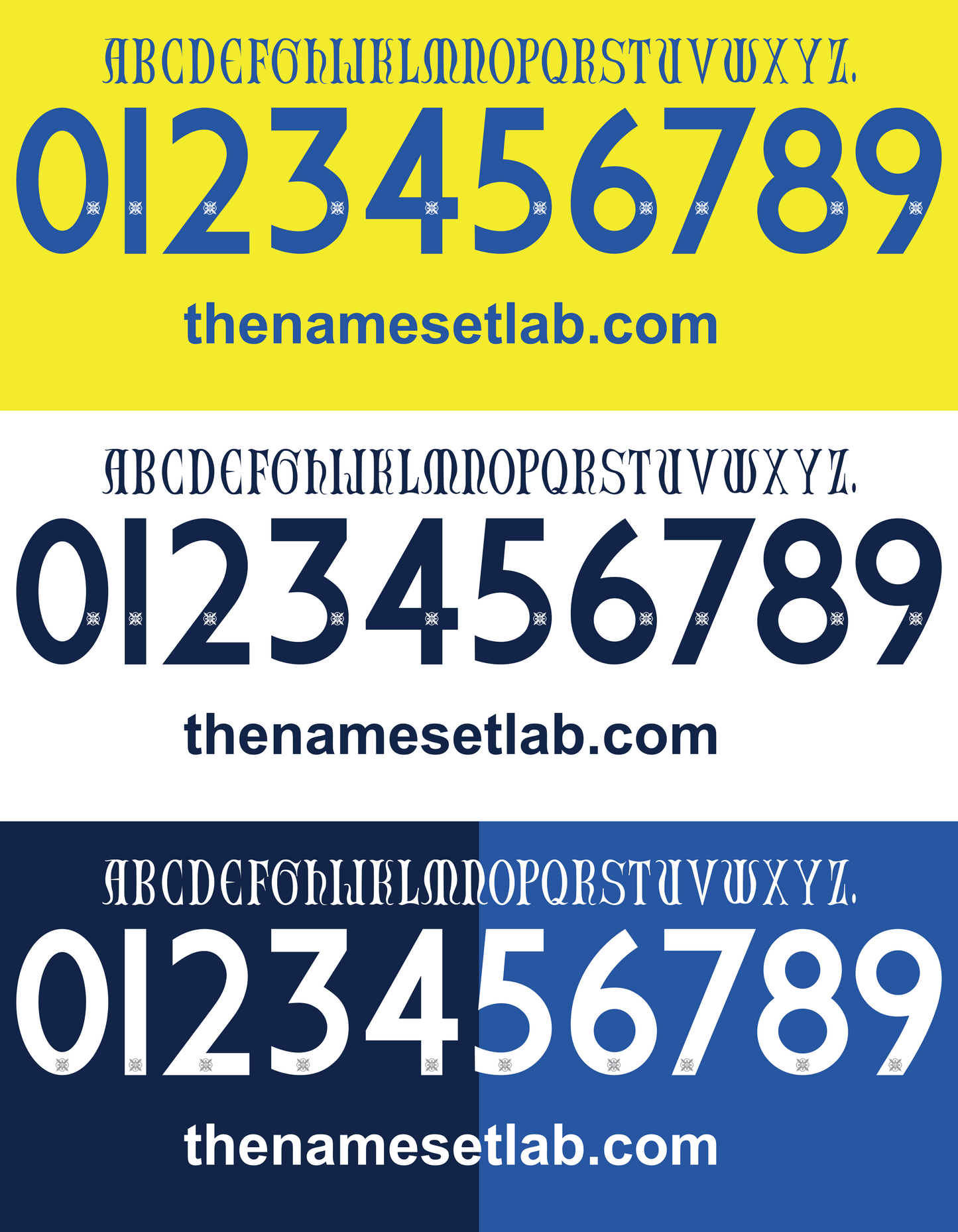 Set of Chievo 2018-2019 Nameset numbers and letters displayed on a yellow, white, and blue background with 'thenamesetlab.com' branding.