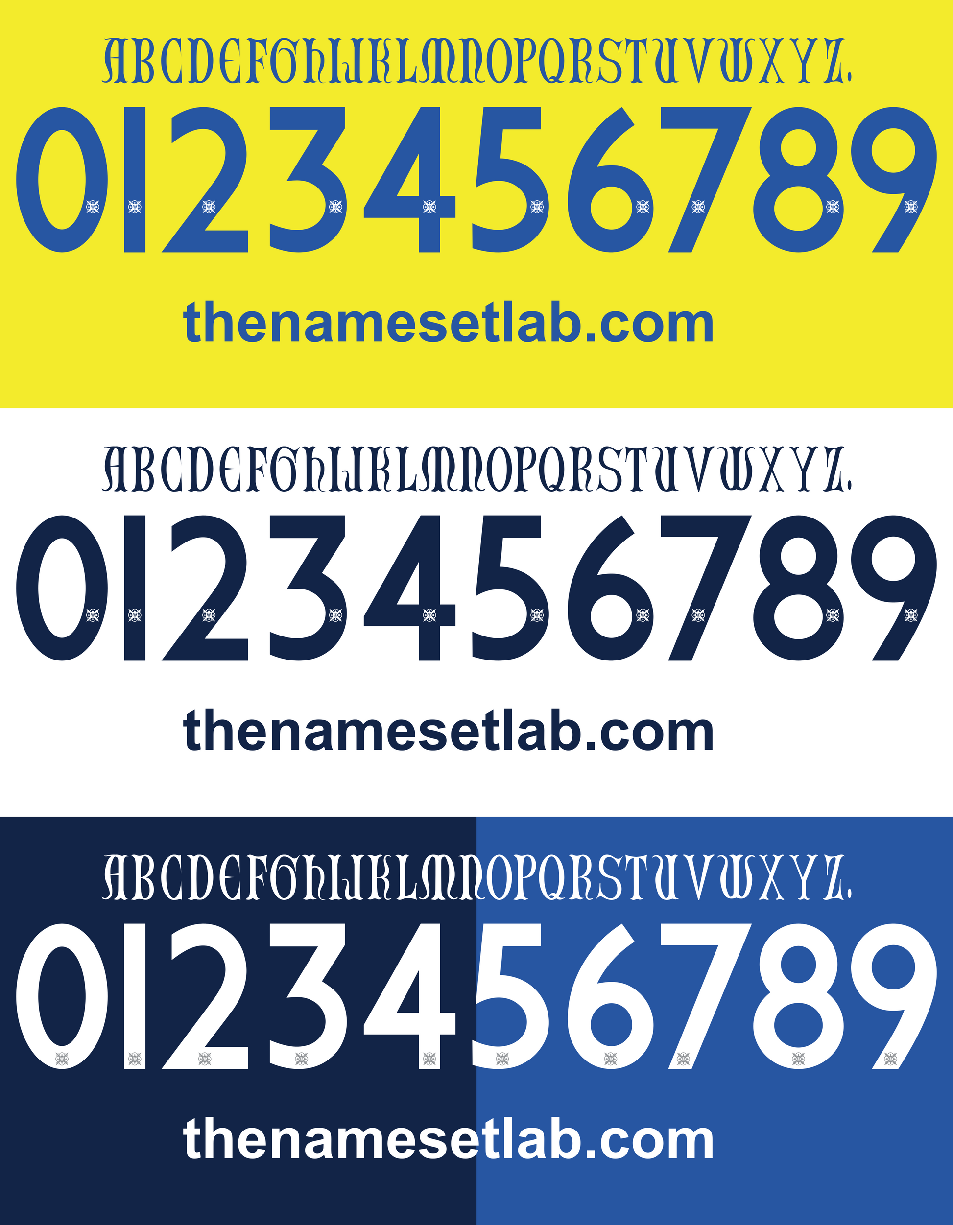 Set of Chievo 2018-2019 Nameset numbers and letters displayed on a yellow, white, and blue background with 'thenamesetlab.com' branding.