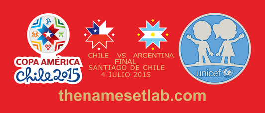 football shirt graphics for Copa America Chile 2015 featuring Chile and Argentina flags, UNICEF logo, and event details on a red background.
