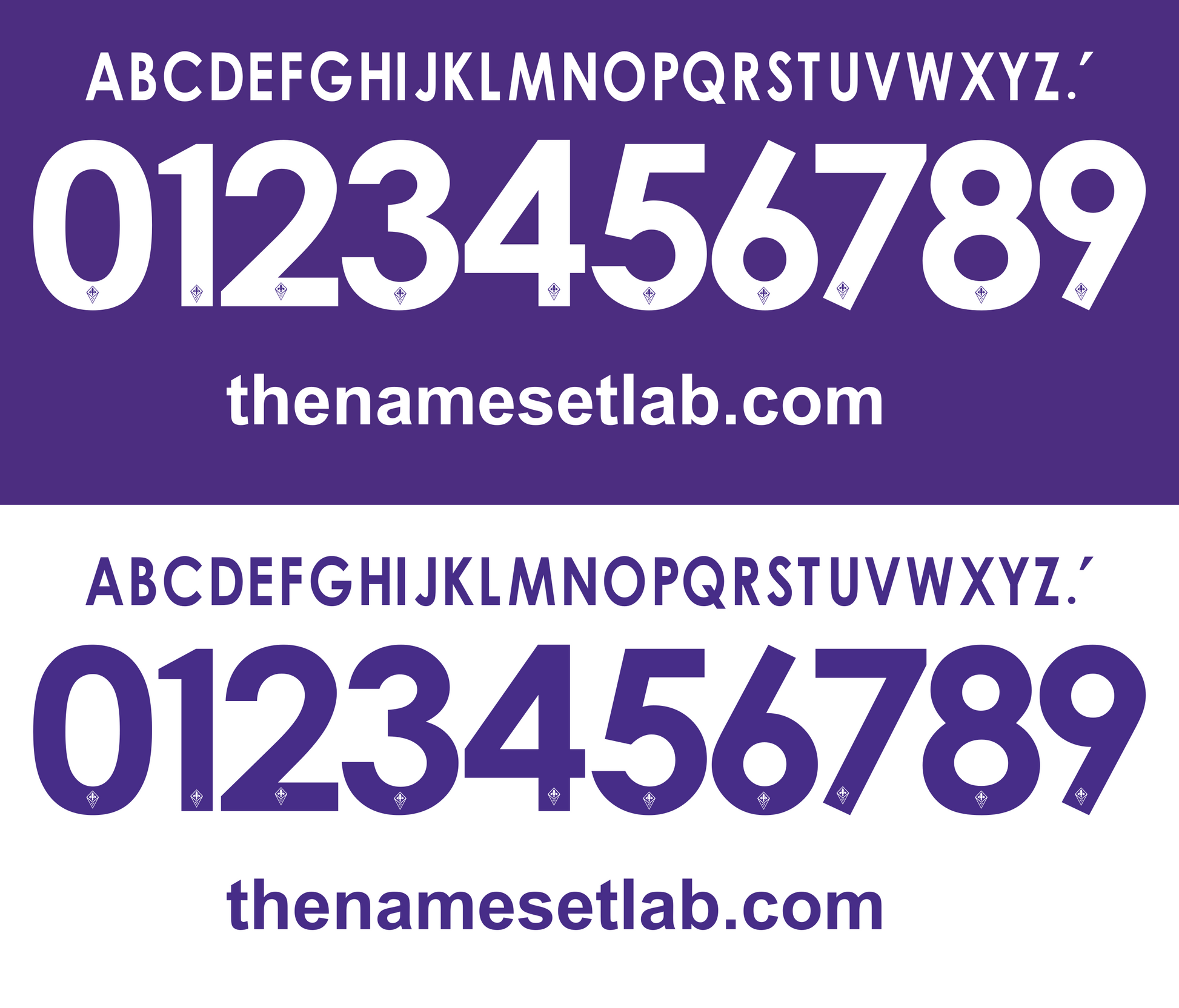 White and purple Fiorentina 2013-2014 Nameset font display with numbers and letters on a white background