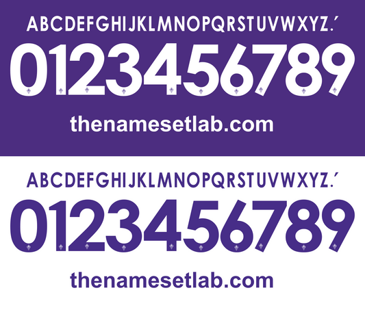 White and purple Fiorentina 2013-2014 Nameset font display with numbers and letters on a white background