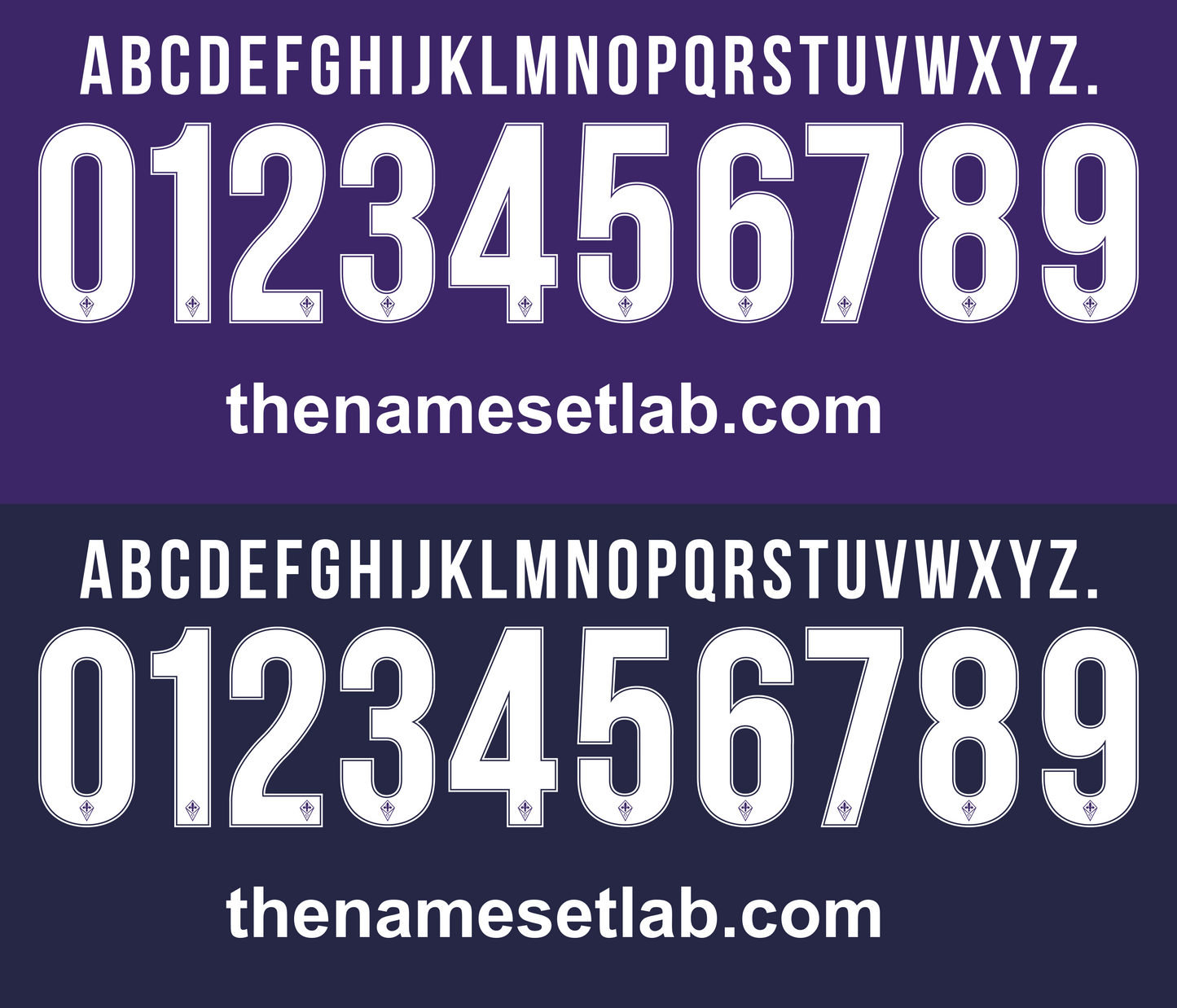 White Fiorentina 2015-2016 Nameset and numbers on a purple background with 'thenamesetlab.com' text.