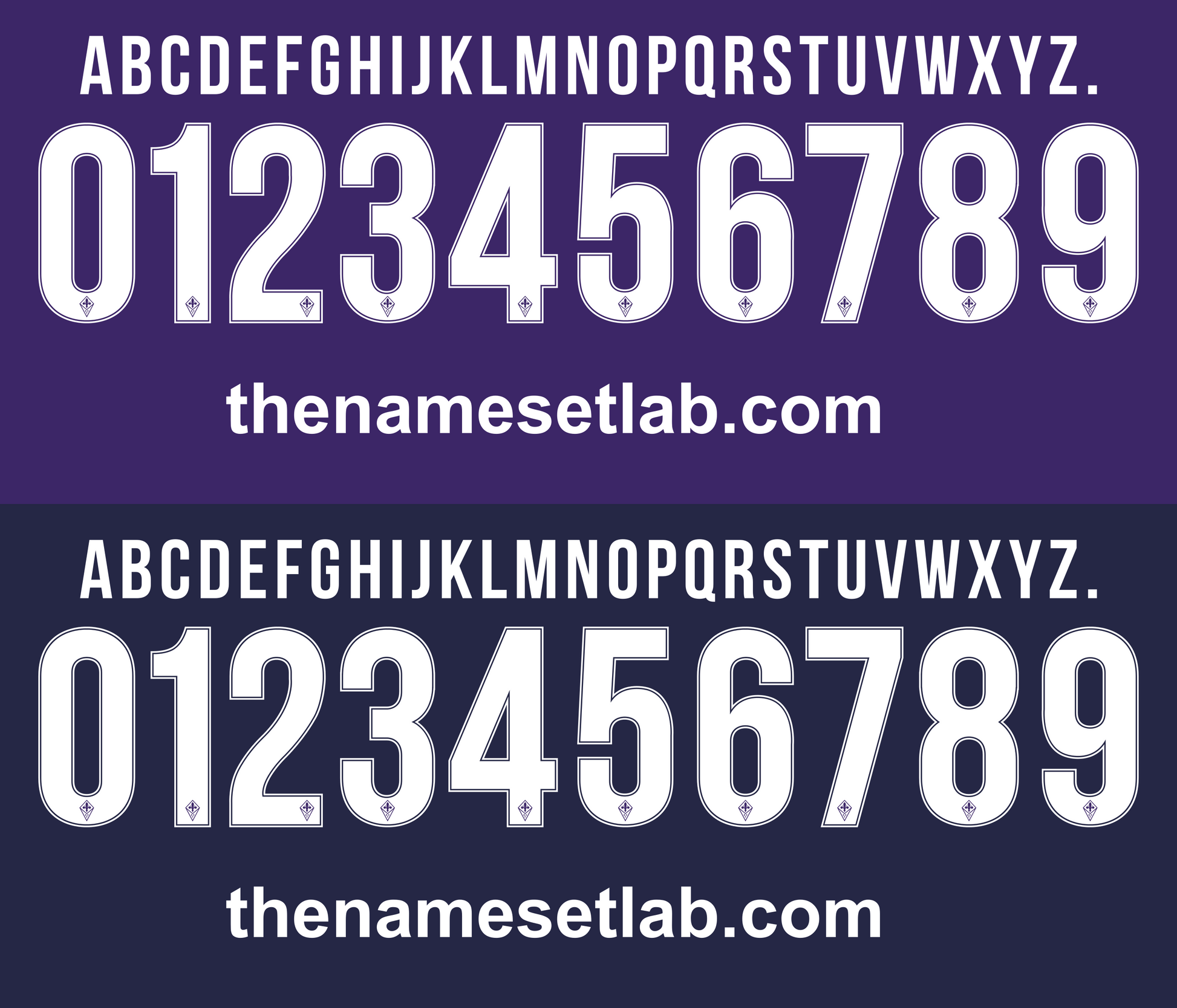 White Fiorentina 2015-2016 Nameset and numbers on a purple background with 'thenamesetlab.com' text.