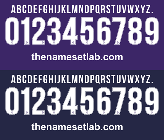 White Fiorentina 2015-2016 Nameset and numbers on a purple background with 'thenamesetlab.com' text.