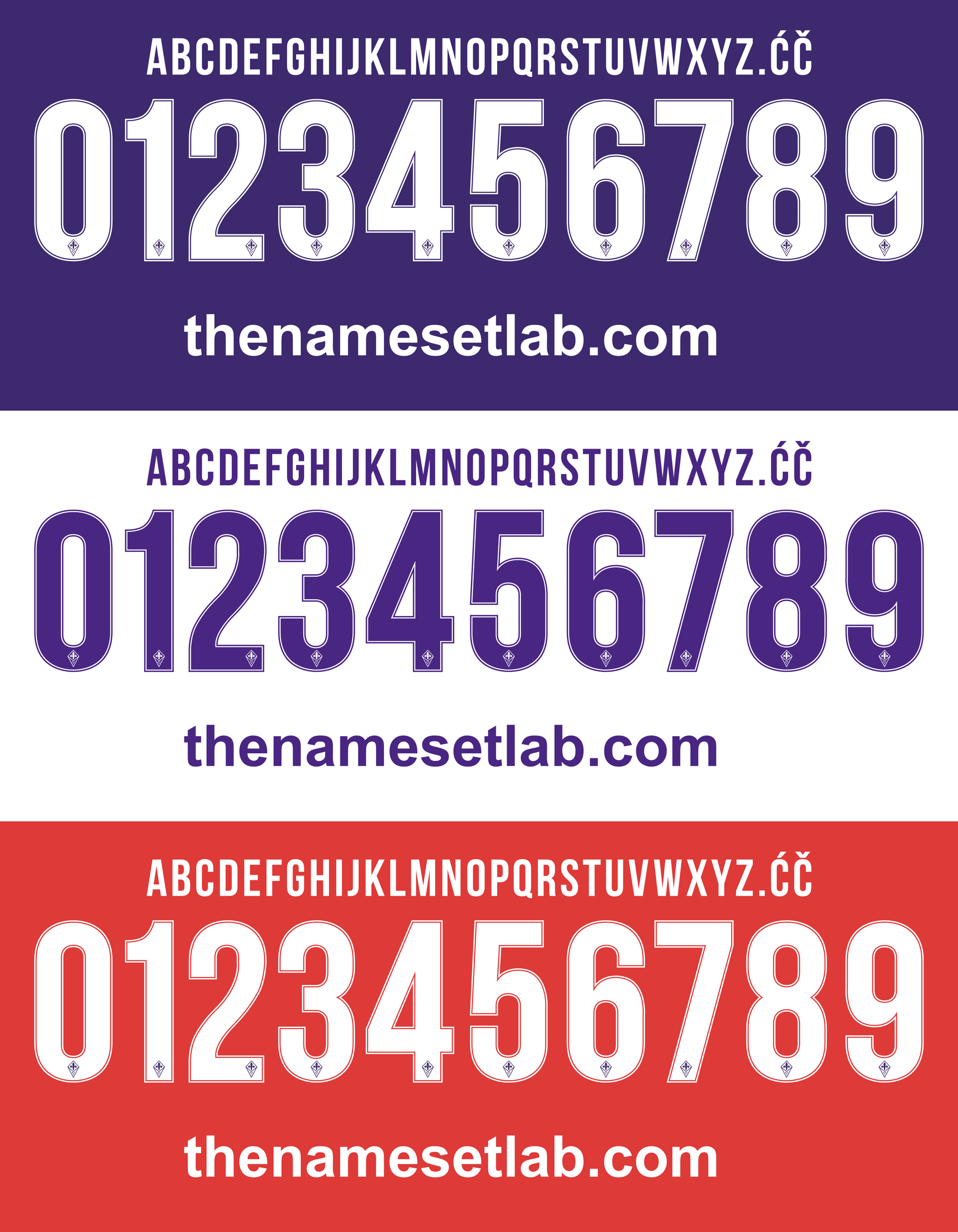 Three colour swatches of the Fiorentina 2017-2018 Nameset with numbers and text 'thenamesetlab.com' on a white background