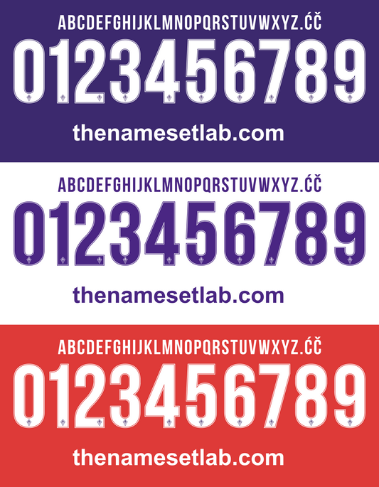 Three colour swatches of the Fiorentina 2017-2018 Nameset with numbers and text 'thenamesetlab.com' on a white background