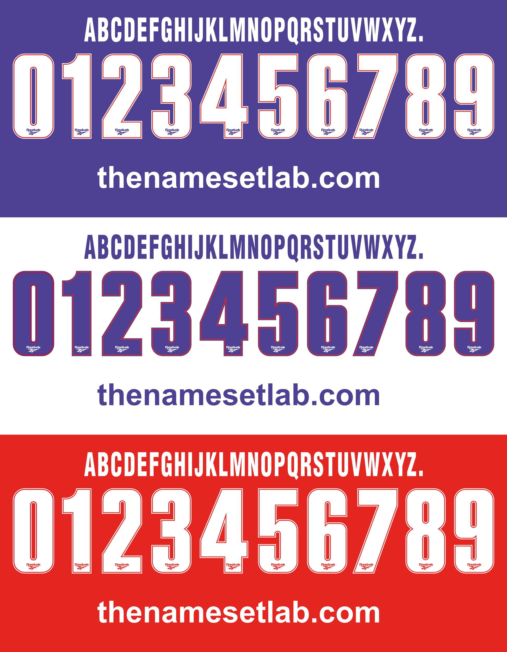Three Fiorentina 1995-1996 Nameset with numbers and text 'thenamesetlab.com' on a white background