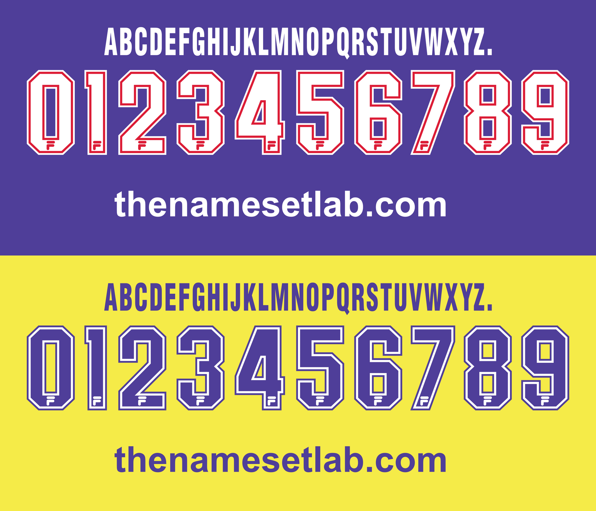 Stylised Fiorentina 1997-1998 Nameset numbers and letters on a purple and yellow background with 'thenamesetlab.com' text.