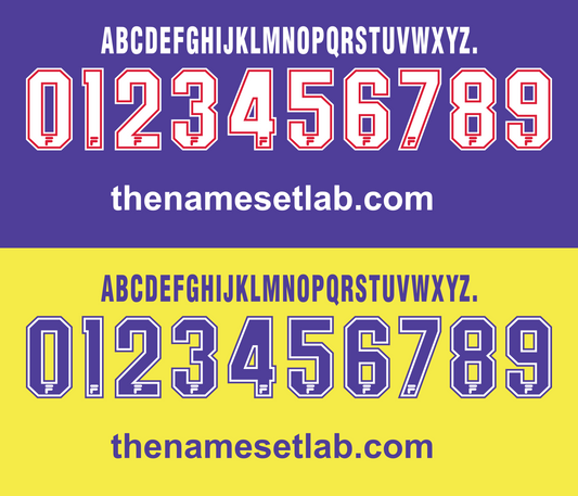 Stylised Fiorentina 1997-1998 Nameset numbers and letters on a purple and yellow background with 'thenamesetlab.com' text.