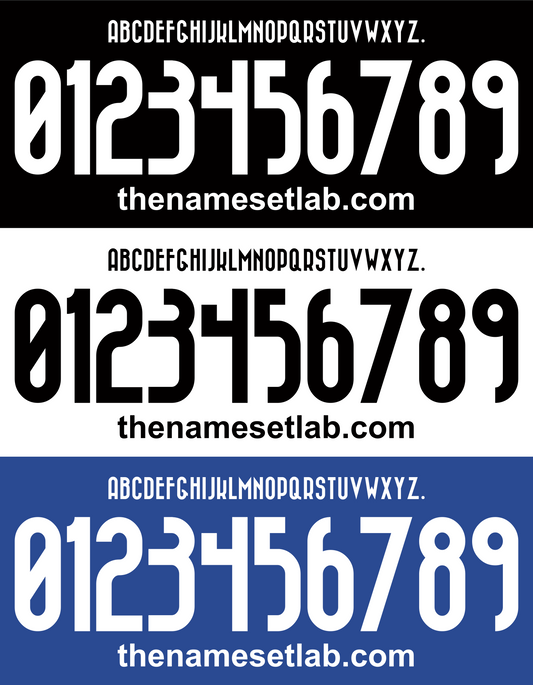 Three different Foggia 2017-2018 Nameset variations of a font with numbers and letters on a black, white, and blue background.