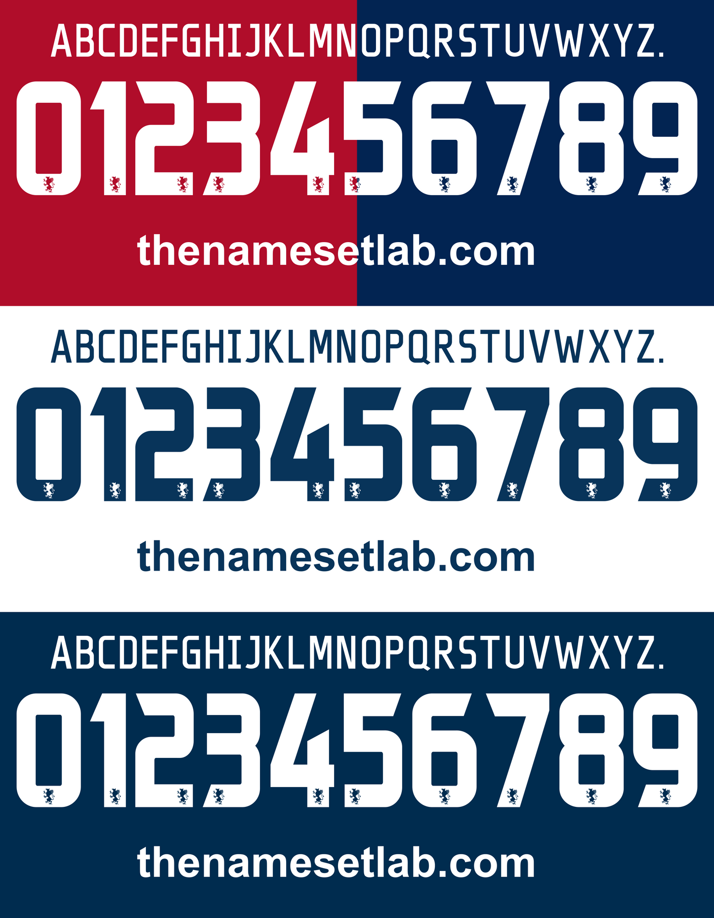 Genoa 2012-2014 Nameset  Alphabet and number set with 'the namesetlab.com' branding on a red, white, and blue background.