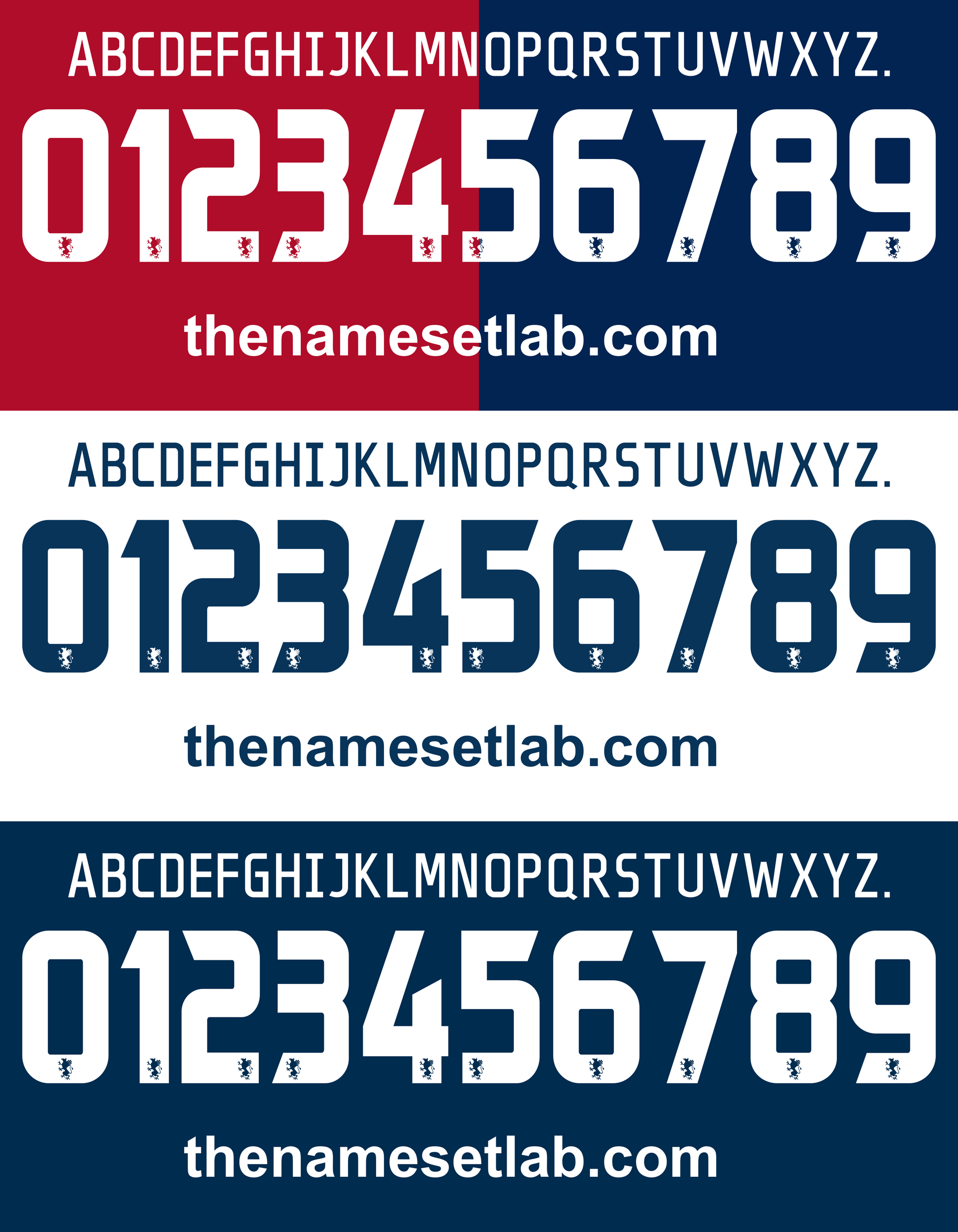 Genoa 2012-2014 Nameset  Alphabet and number set with 'the namesetlab.com' branding on a red, white, and blue background.