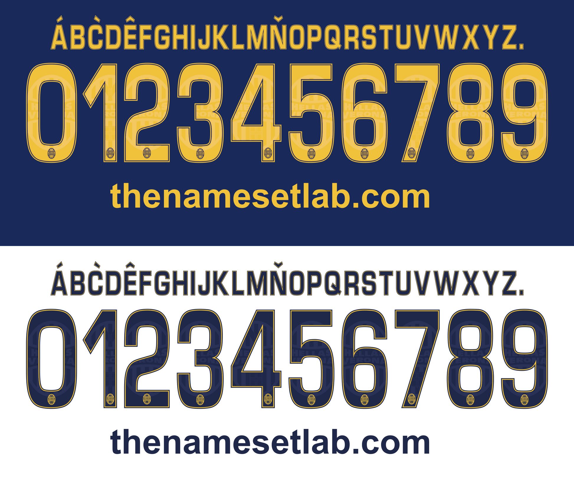 Yellow and blue Hellasverona 2014-2015 Nameset numbers and letters on a white background with 'thenamesetlab.com' branding.