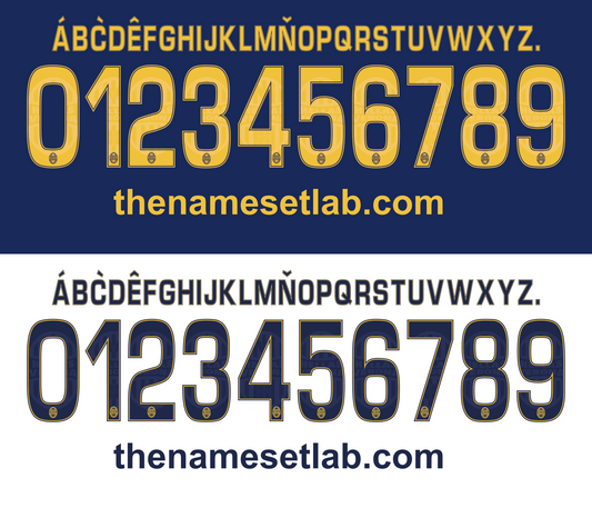Yellow and blue Hellasverona 2014-2015 Nameset numbers and letters on a white background with 'thenamesetlab.com' branding.
