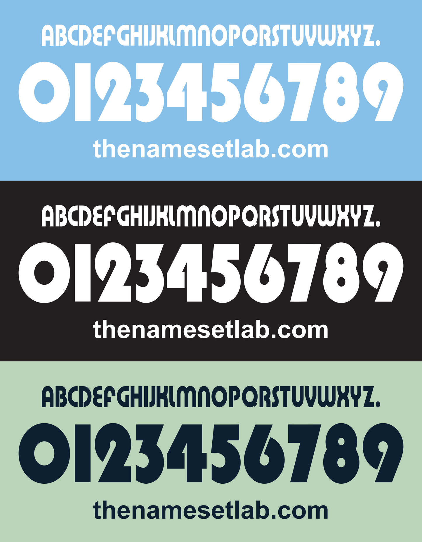 Three Lazio 2002-2004 Nameset swatches with white text on blue, black, and green backgrounds, featuring the brand 'thenamesetlab.com'.