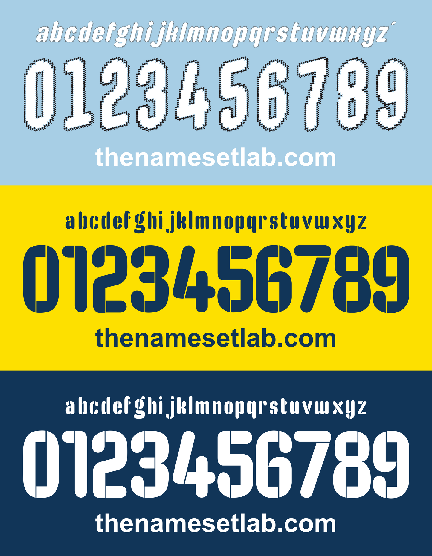 Three Lazio 2008-2010 Nameset swatches with text 'the namesetlab.com' and numbers '0123456789' on a blue, yellow, and navy background.