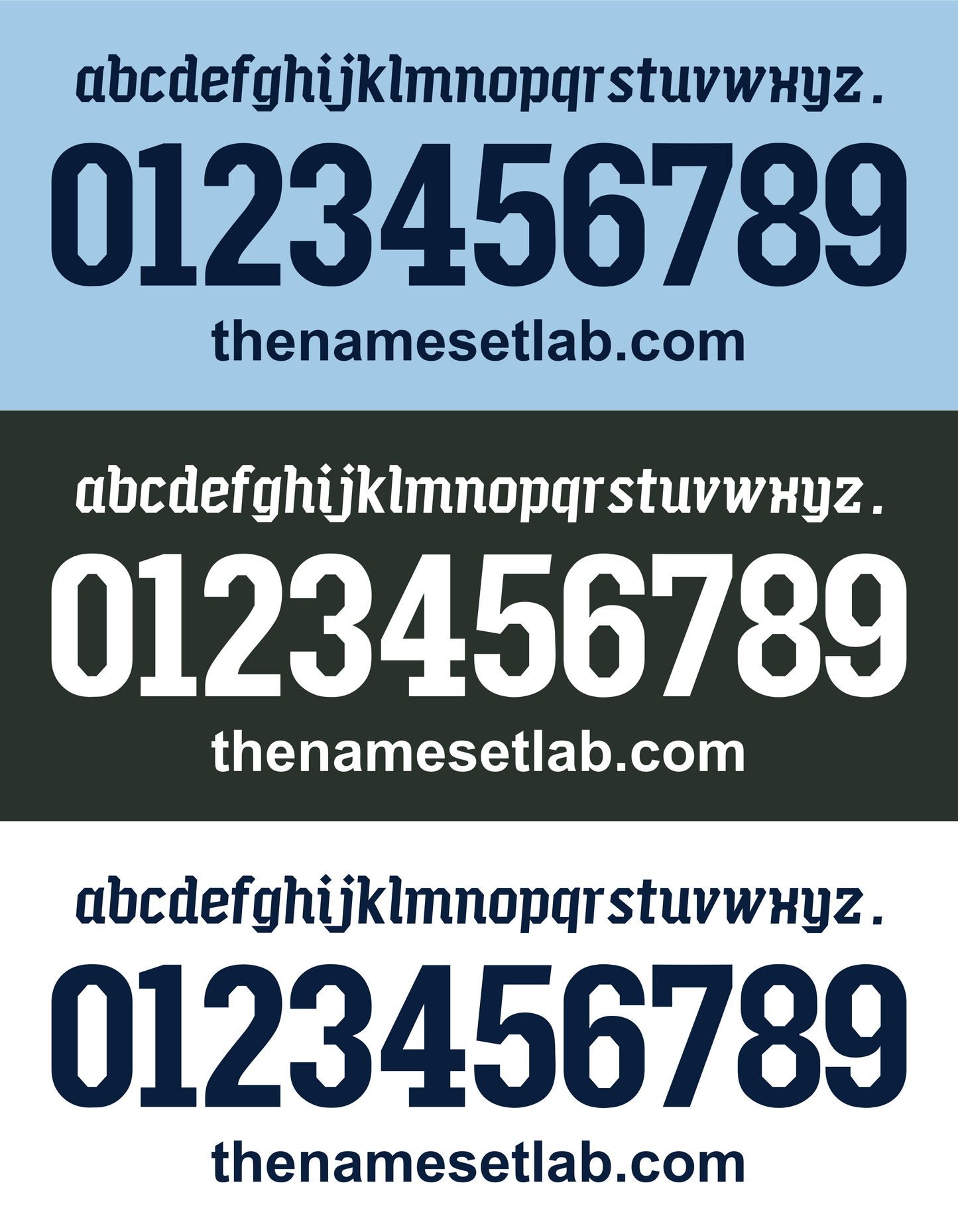 Display of a Lazio 2010-2011 Nameset font with letters and numbers on a blue, black, and white background with 'thenamesetlab.com' text.