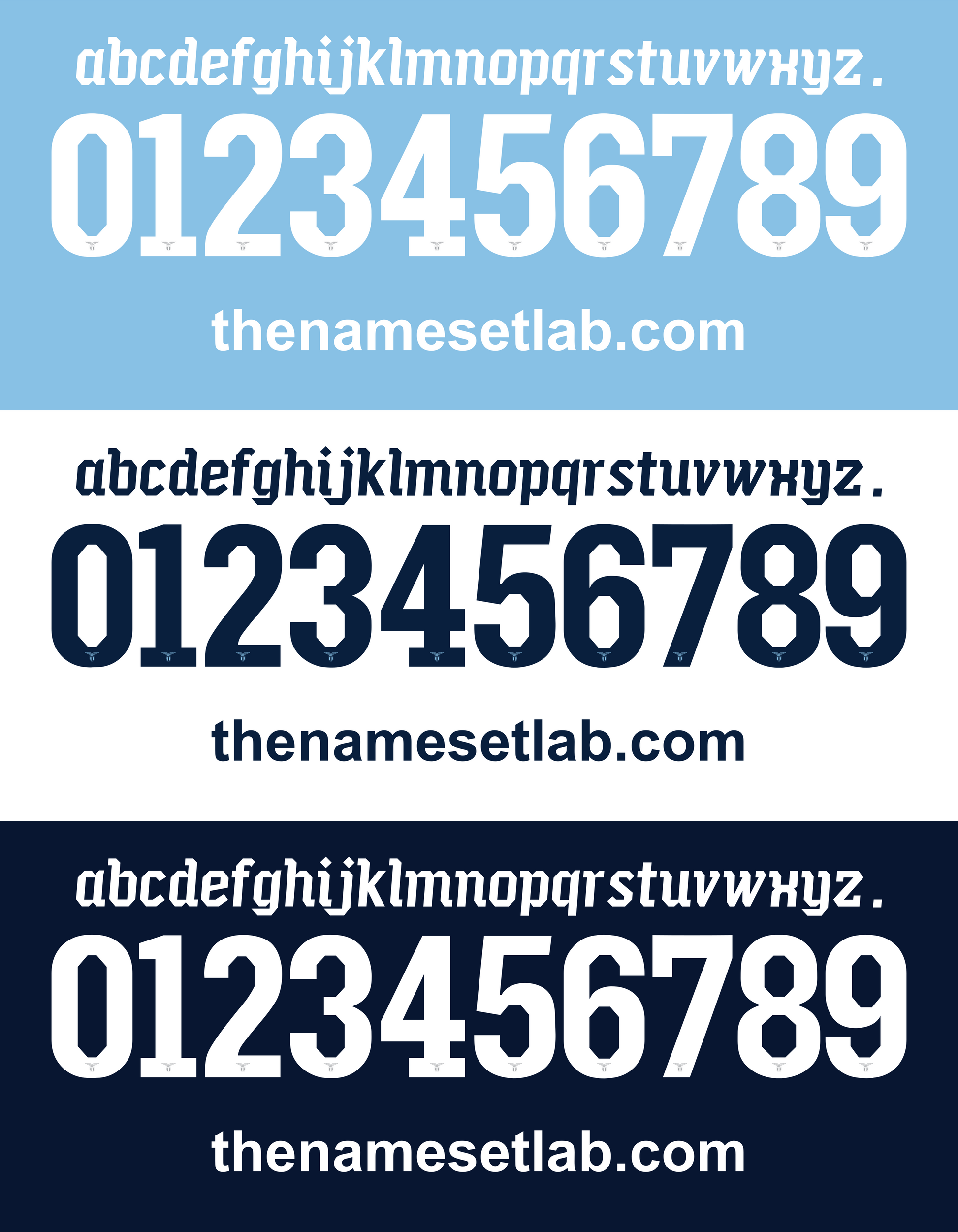 Set of Lazio 2011-2012 Nameset  white and navy blue letters and numbers on a blue background with 'thenamesetlab.com' text.