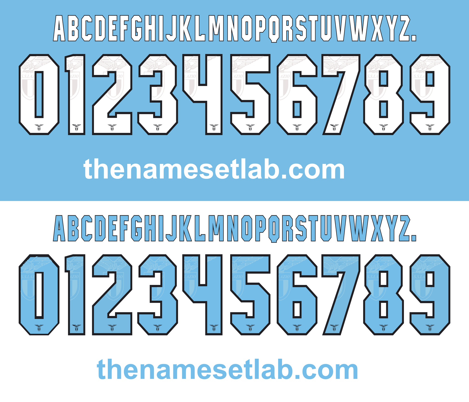 White and blue Lazio 2013-2014 Nameset font display with numbers and letters on a blue background