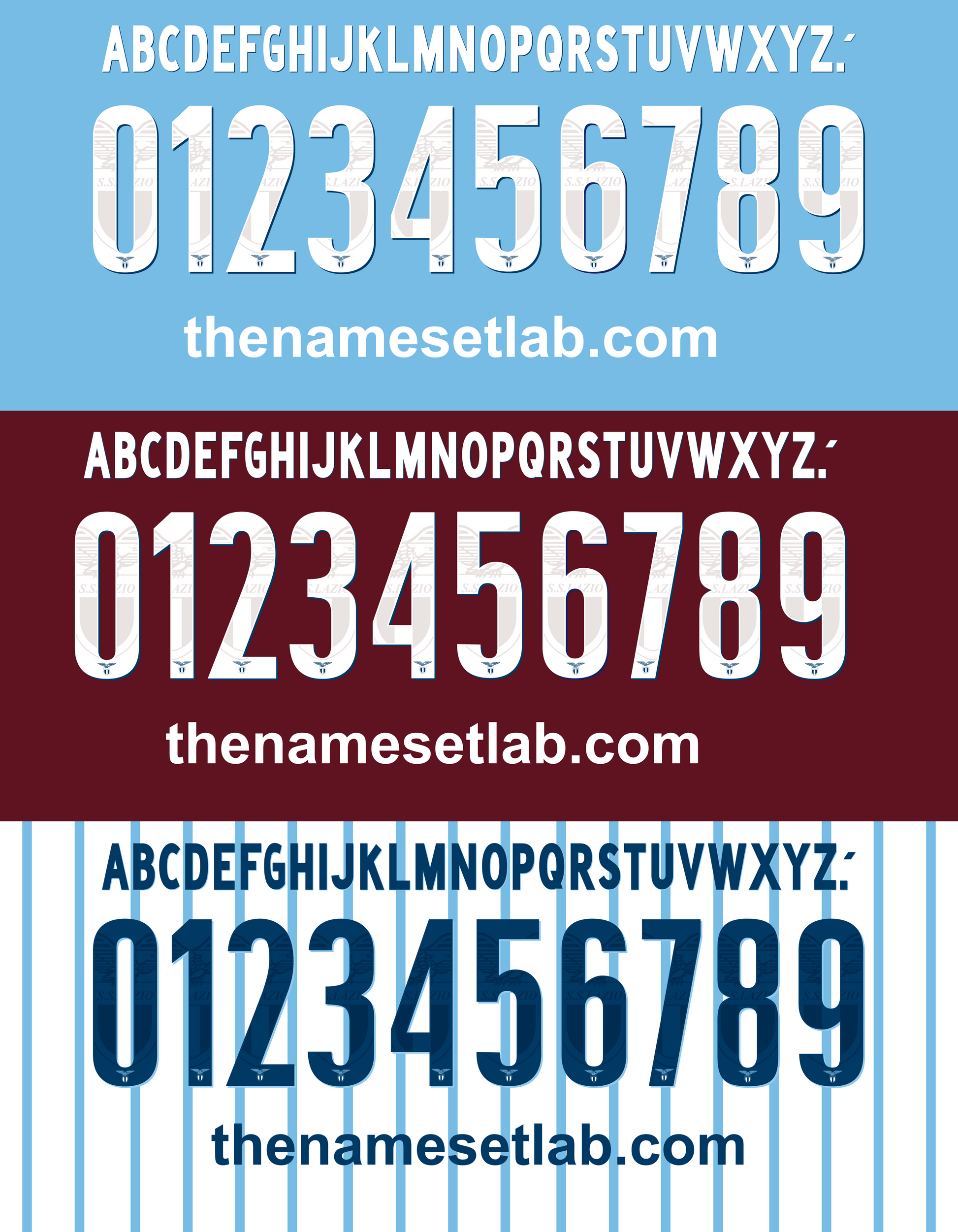 Three sections of Lazio 2014-2015 Nameset white text on blue, red, and light blue backgrounds with 'thenamesetlab.com' text below.