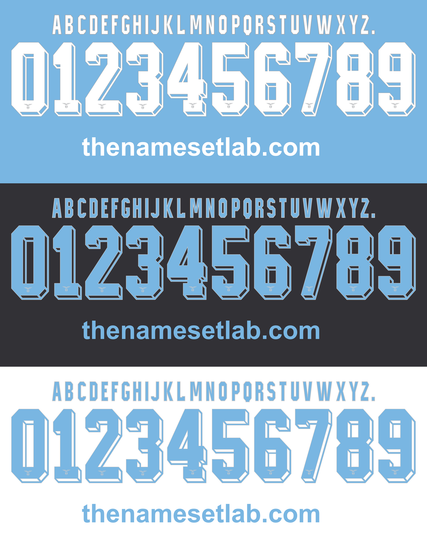 Set of Lazio 2015-2016 Nameset letters and numbers on a blue, black, and white background with 'thenamesetlab.com' branding.