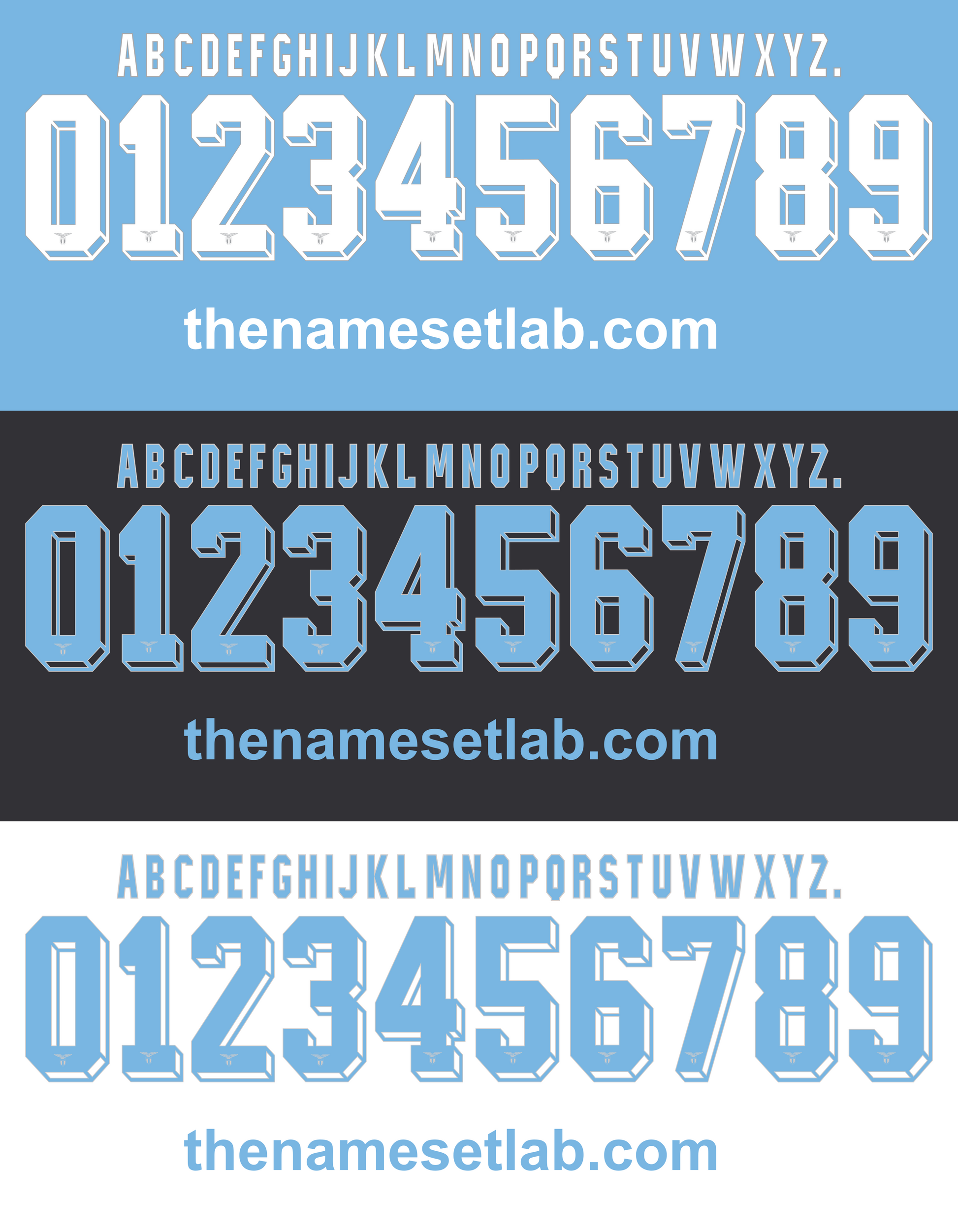 Set of Lazio 2015-2016 Nameset letters and numbers on a blue, black, and white background with 'thenamesetlab.com' branding.