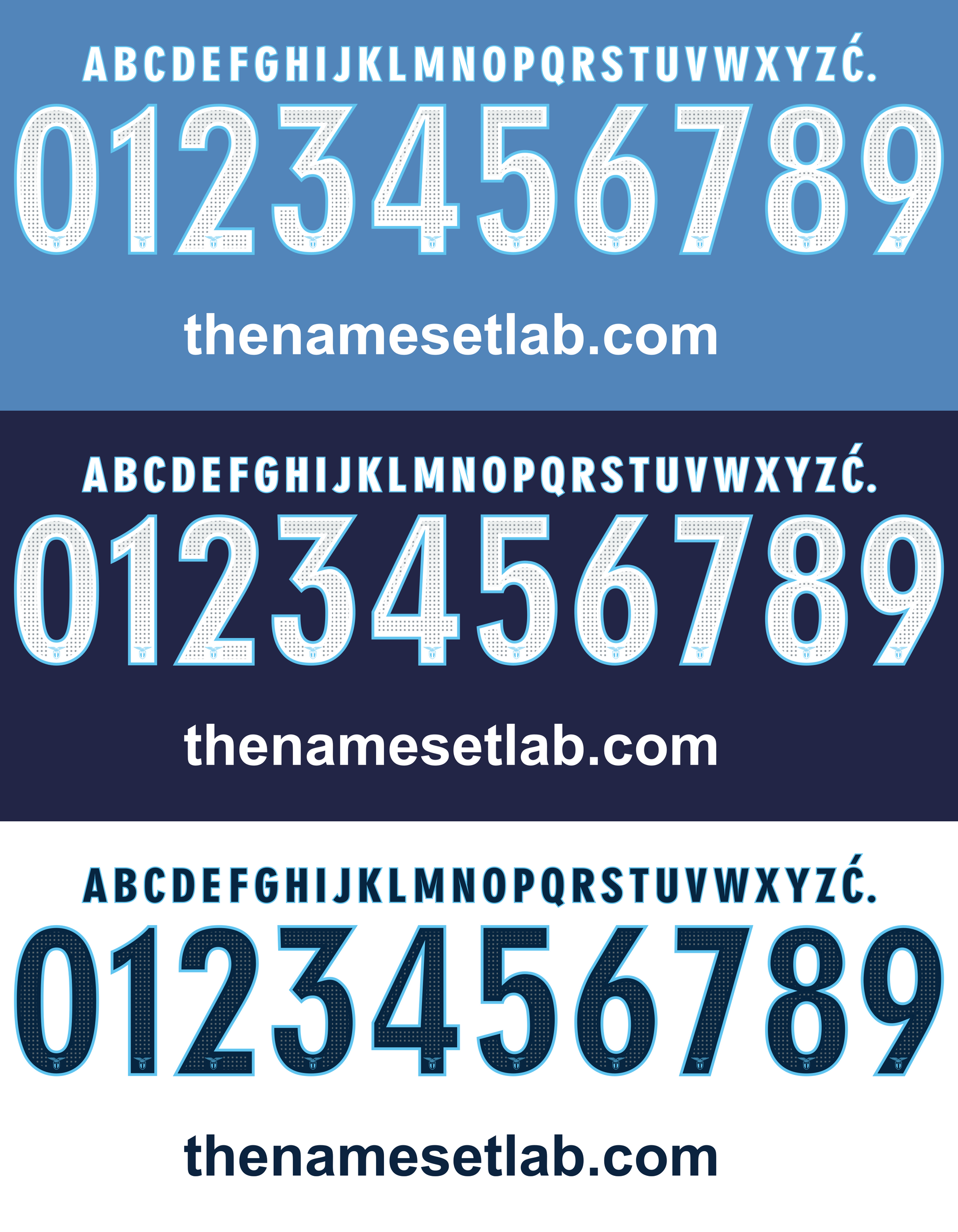 Set of Lazio 2016-2017 Nameset numbers and letters on a blue background with 'thenamesetlab.com' branding.