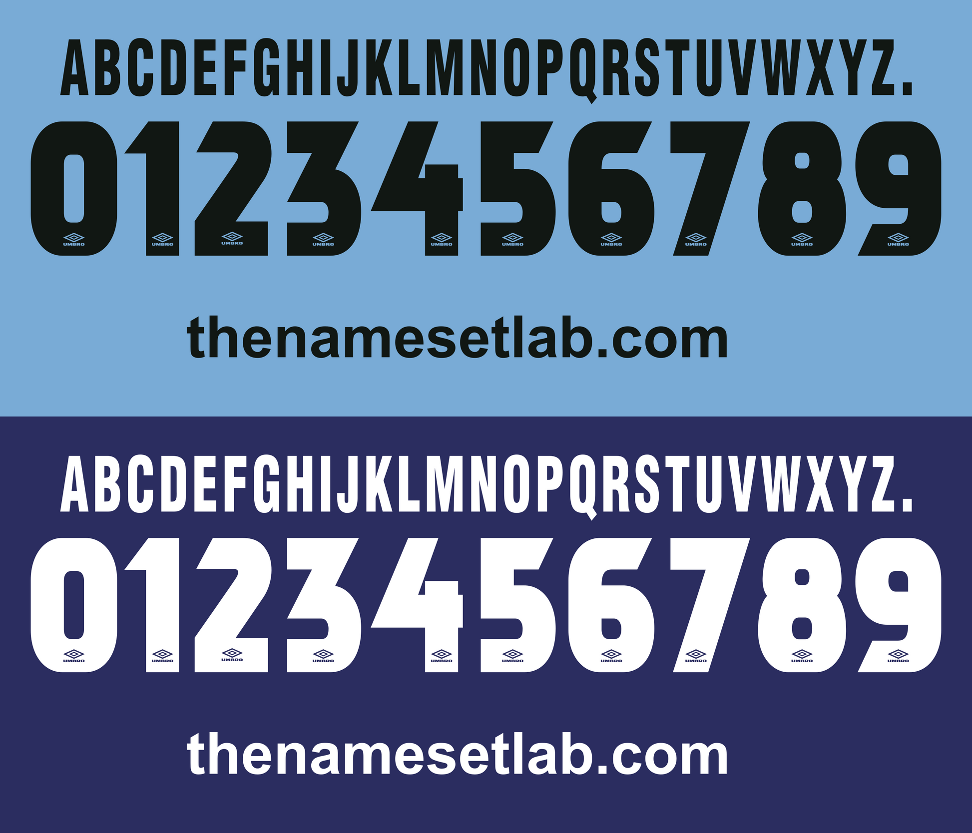 Black and white Lazio 1997-1998 Nameset  alphabet and numbers on blue backgrounds with 'thenamesetlab.com' text.
