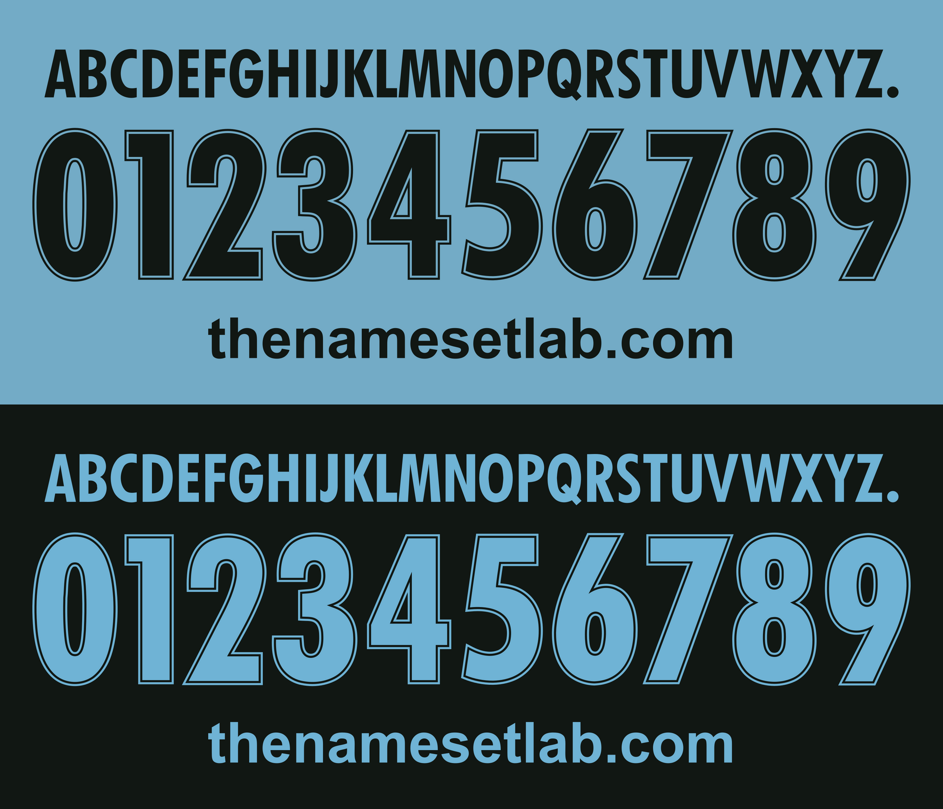 Black and blue Lazio 1998-2002 Nameset font display with letters and numbers on a gradient background