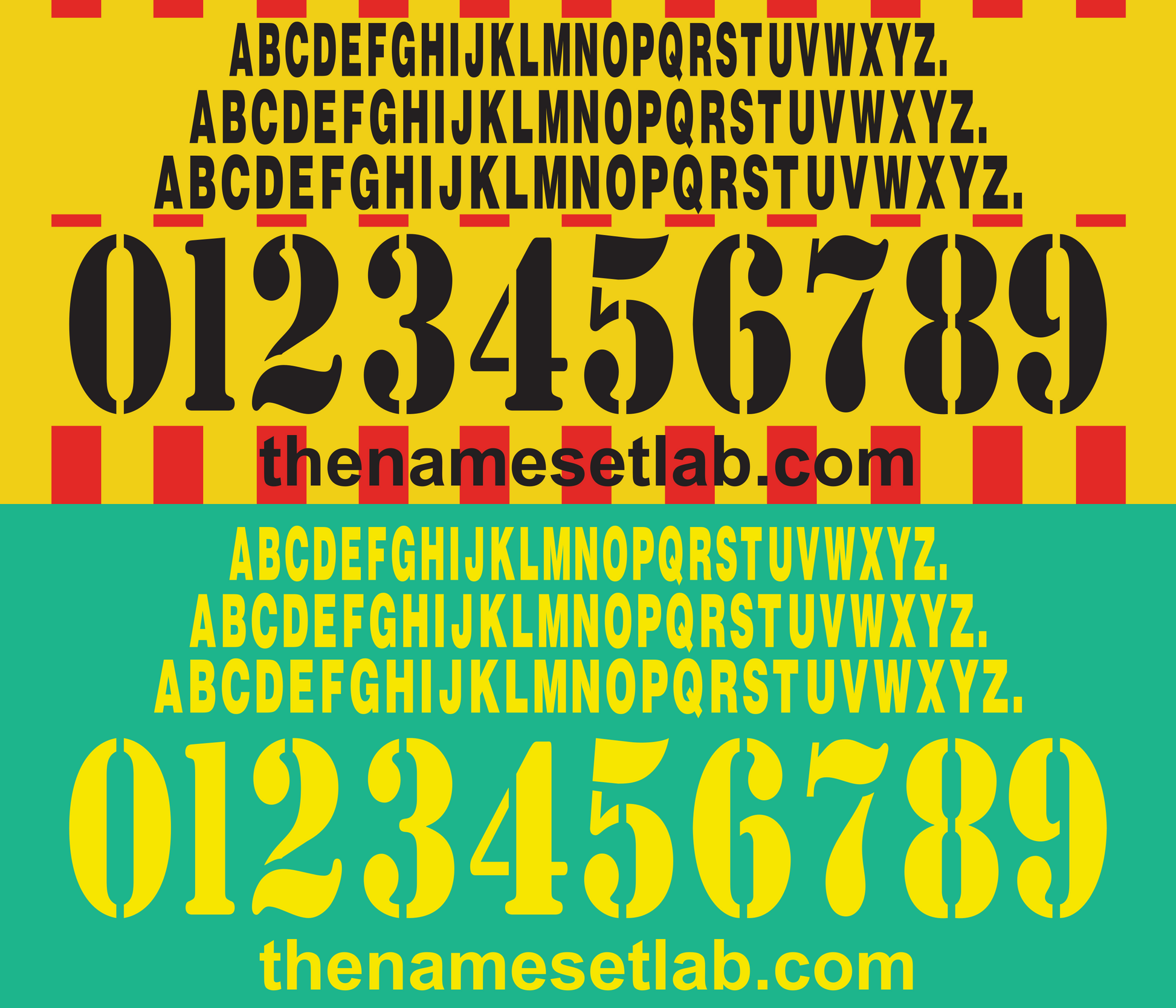 Display of Lecce 2002-2005 Nameset etters and numbers on a yellow and green background with 'thenamesetlab.com' branding.