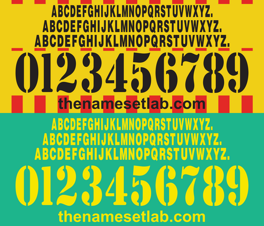 Display of Lecce 2002-2005 Nameset etters and numbers on a yellow and green background with 'thenamesetlab.com' branding.