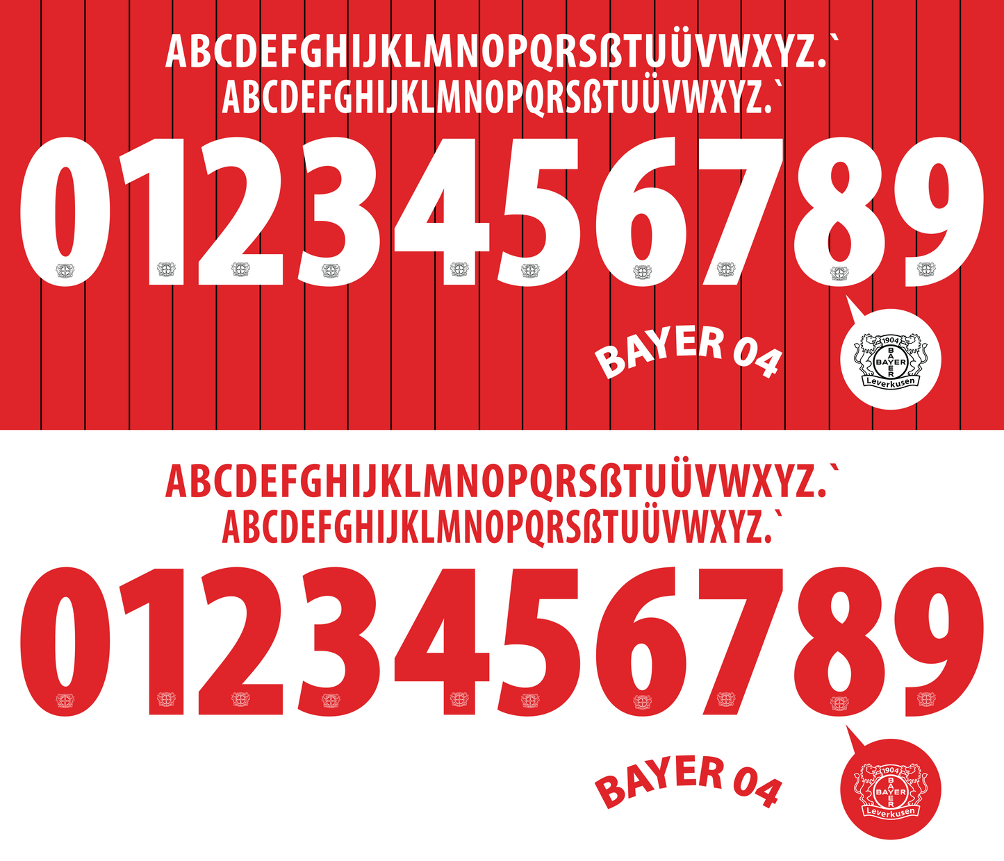 Leverkusen 2013-2014 Nameset mockup red and white letters and numbers on a white background