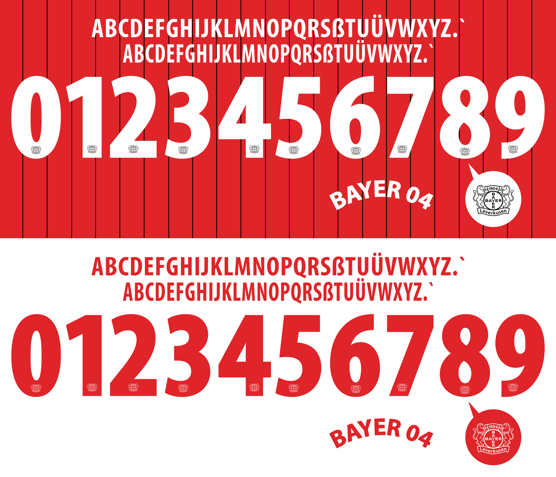 Leverkusen 2013-2014 Nameset mockup red and white letters and numbers on a white background