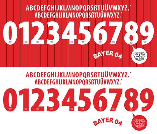 Leverkusen 2013-2014 Nameset mockup red and white letters and numbers on a white background