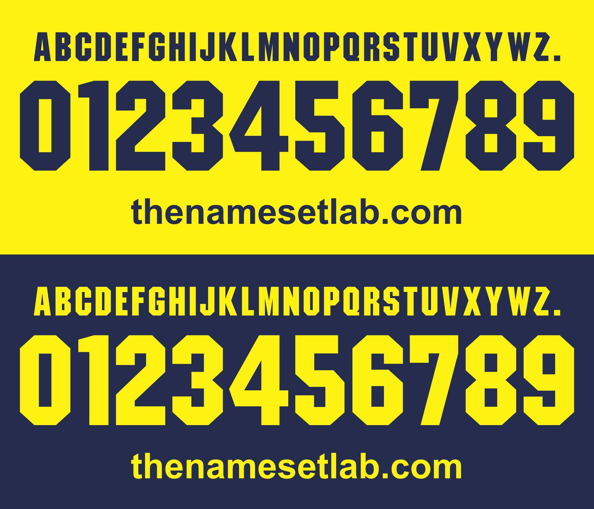 Modena 2016-2017 Nameset Alphabet and number set on yellow and blue backgrounds with 'thenamesetlab.com' text.