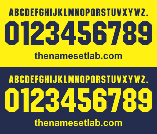 Modena 2016-2017 Nameset Alphabet and number set on yellow and blue backgrounds with 'thenamesetlab.com' text.