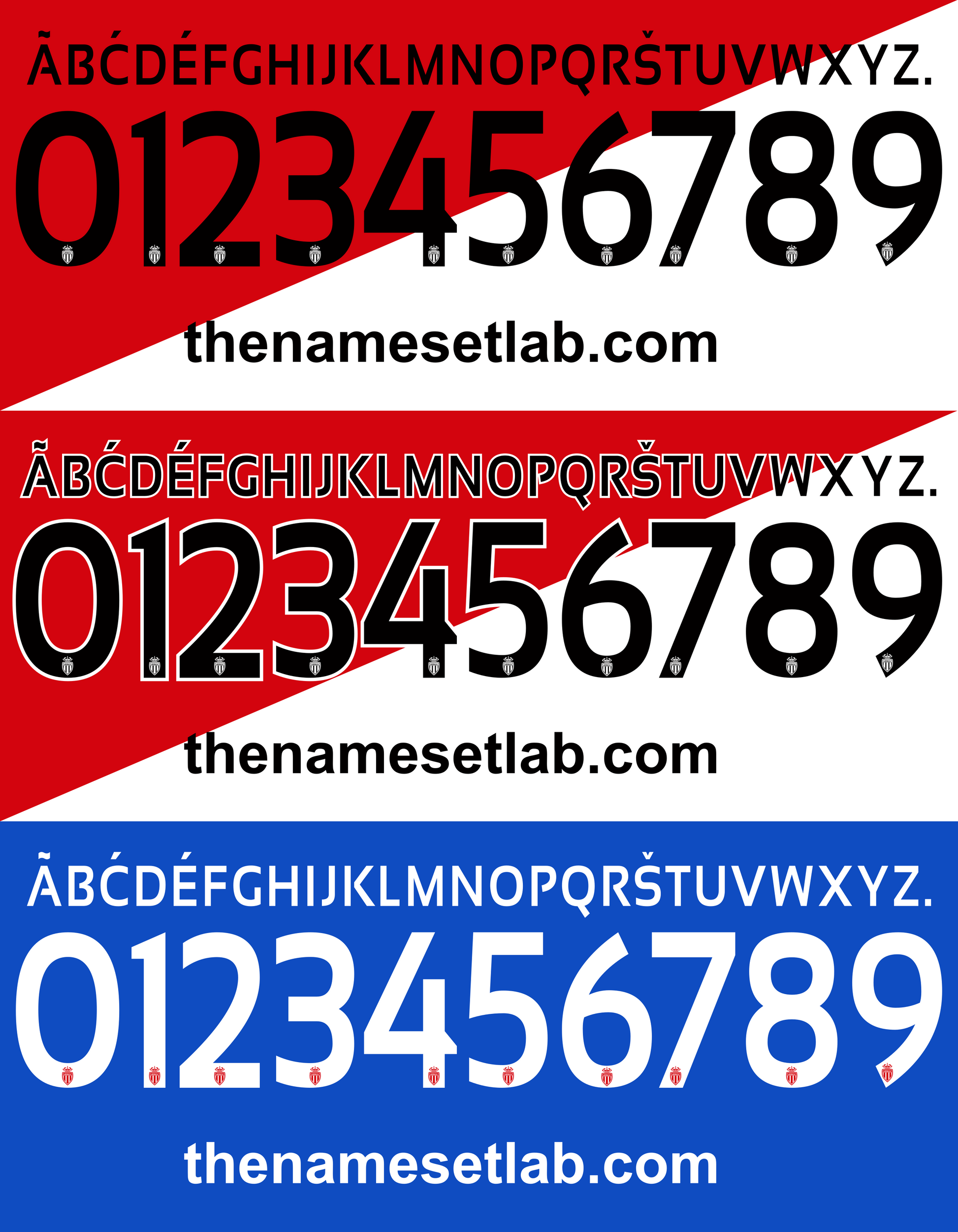 Set of black letters and numbers of the AS Monaco 2014–2015 Nameset on red, white, and blue backgrounds with 'thenamesetlab.com' text.