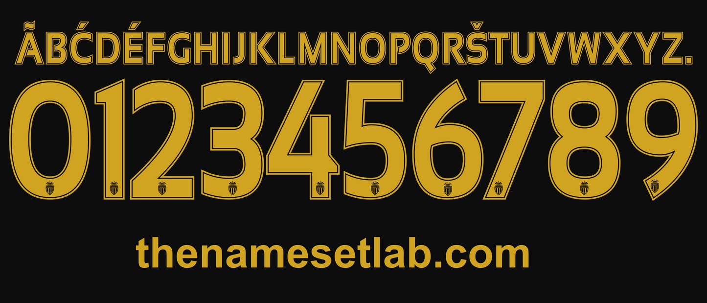 Alphabet and number set pf the AS Monaco 2016–2017 Nameset in gold on a black background with 'thenamesetlab.com' text.