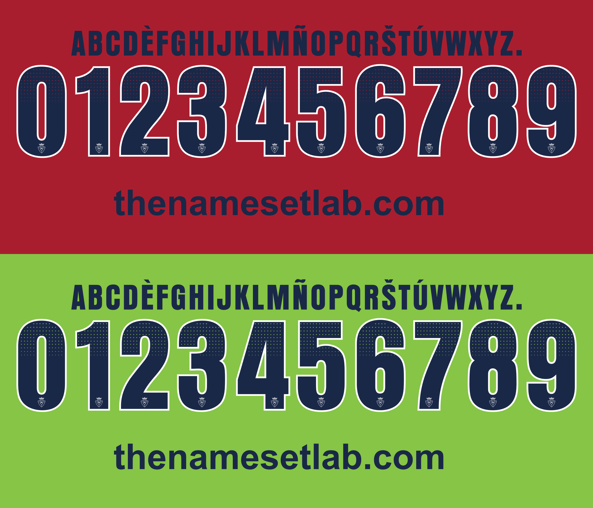 Navy text on red and green backgrounds with 'thenamesetlab.com' based on the Osasuna 2013-2014 nameset.