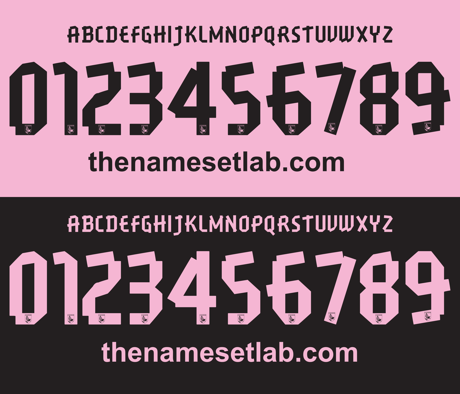 Black and pink Palermo 2012-2014 Nameset font display with numbers and letters on a pink and black background, respectively.
