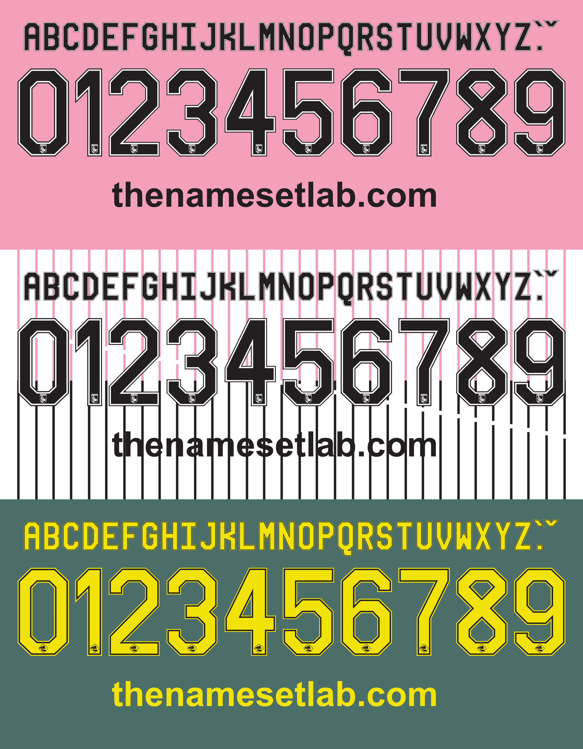 Set of Palermo 2015-2016 Nameset black, yellow, and white letters and numbers on pink, white, and green backgrounds with 'thenamesetlab.com' branding.
