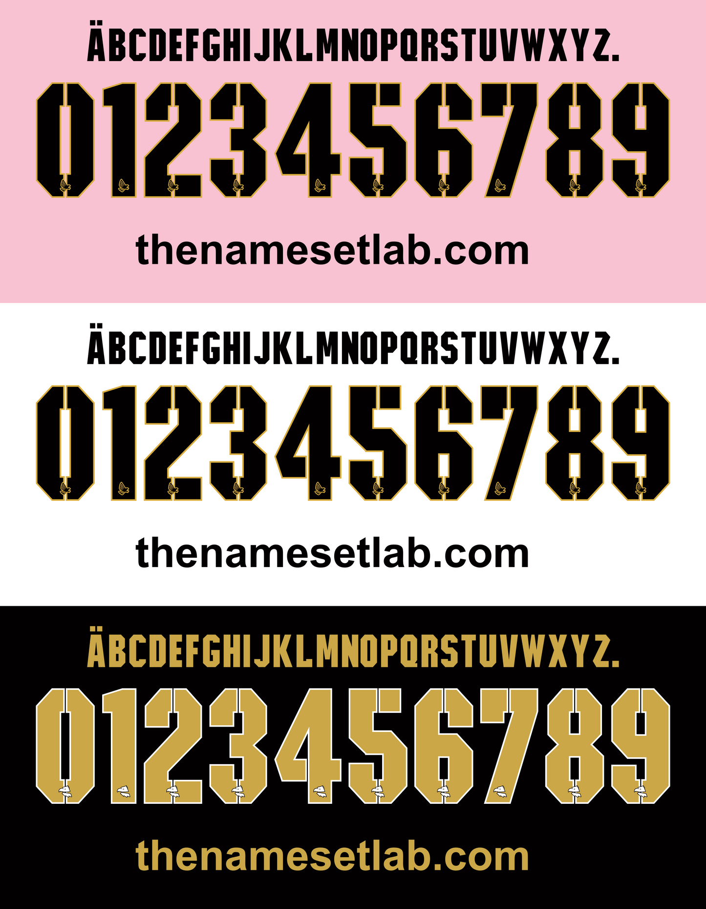 Set of Palermo 2016-2017 Nameset numbers and letters on pink, white, and black backgrounds with 'thenamesetlab.com' branding.