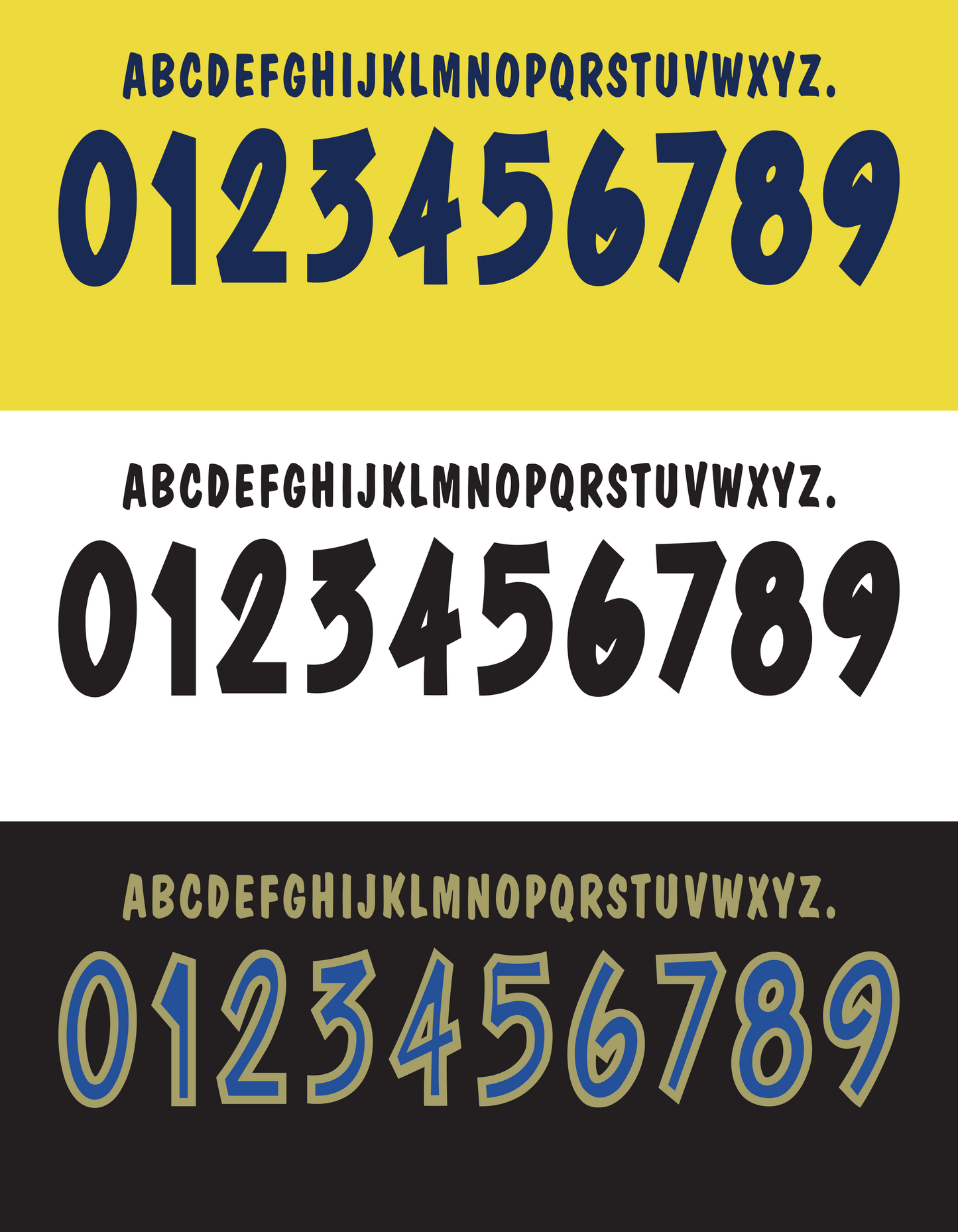 Three different styles ofParma 2000-2001 Nameset alphabet and numbers on a yellow, white, and black background.