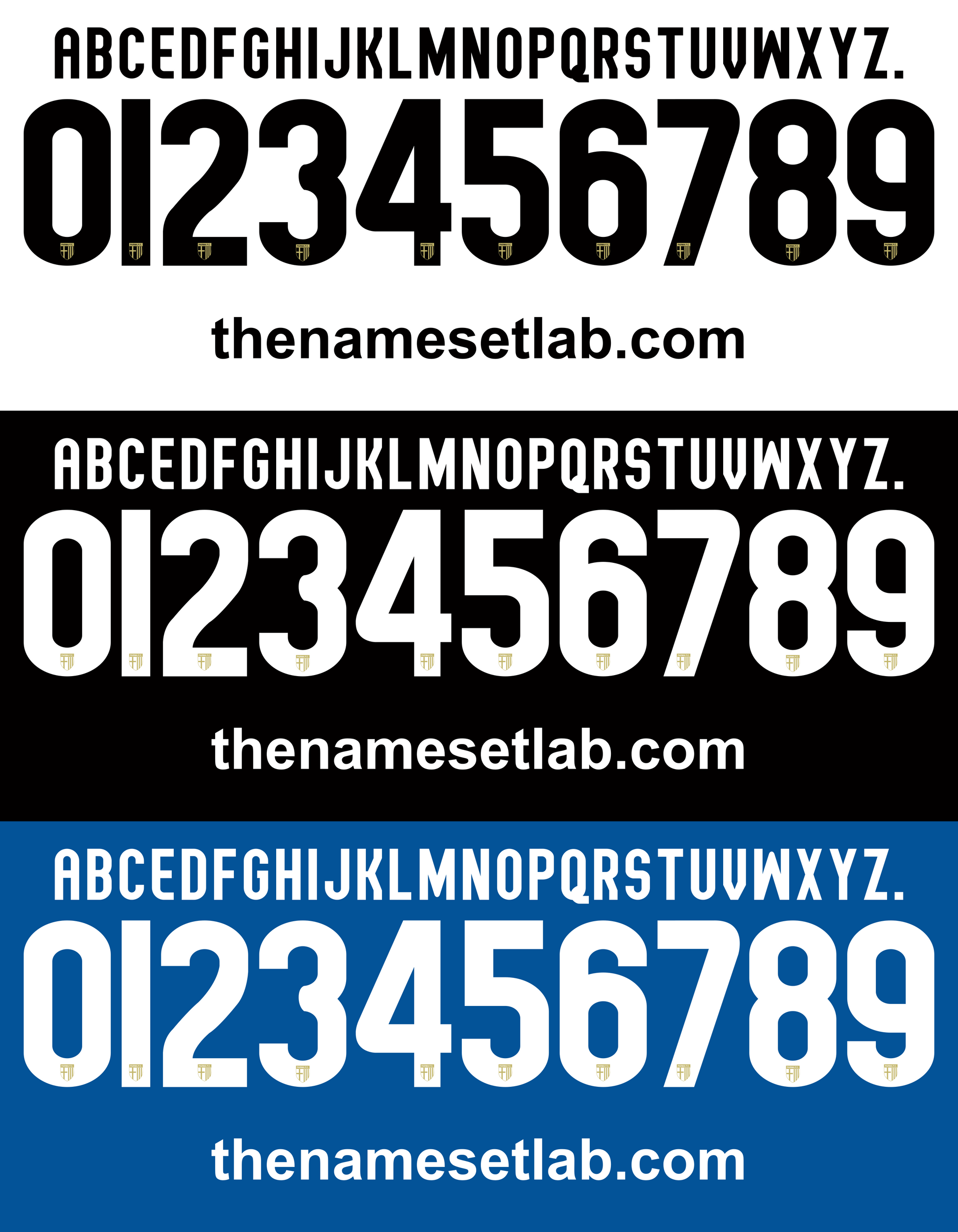 Three sets of Parma 2012-2013 Nameset in black, white, and blue font samples with 'thenamesetlab.com' branding.