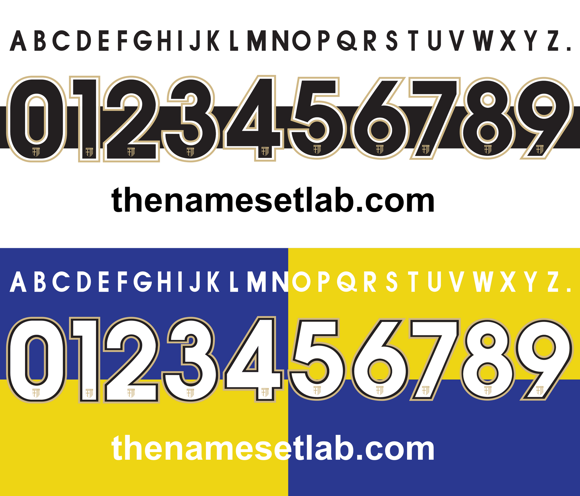 Parma 2013-2014 Nameset Alphabet and number set with 'thenamesetlab.com' branding on a white background.